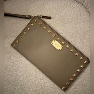 Michael Kors Studded Saffiano Leather Clutch in Taupe